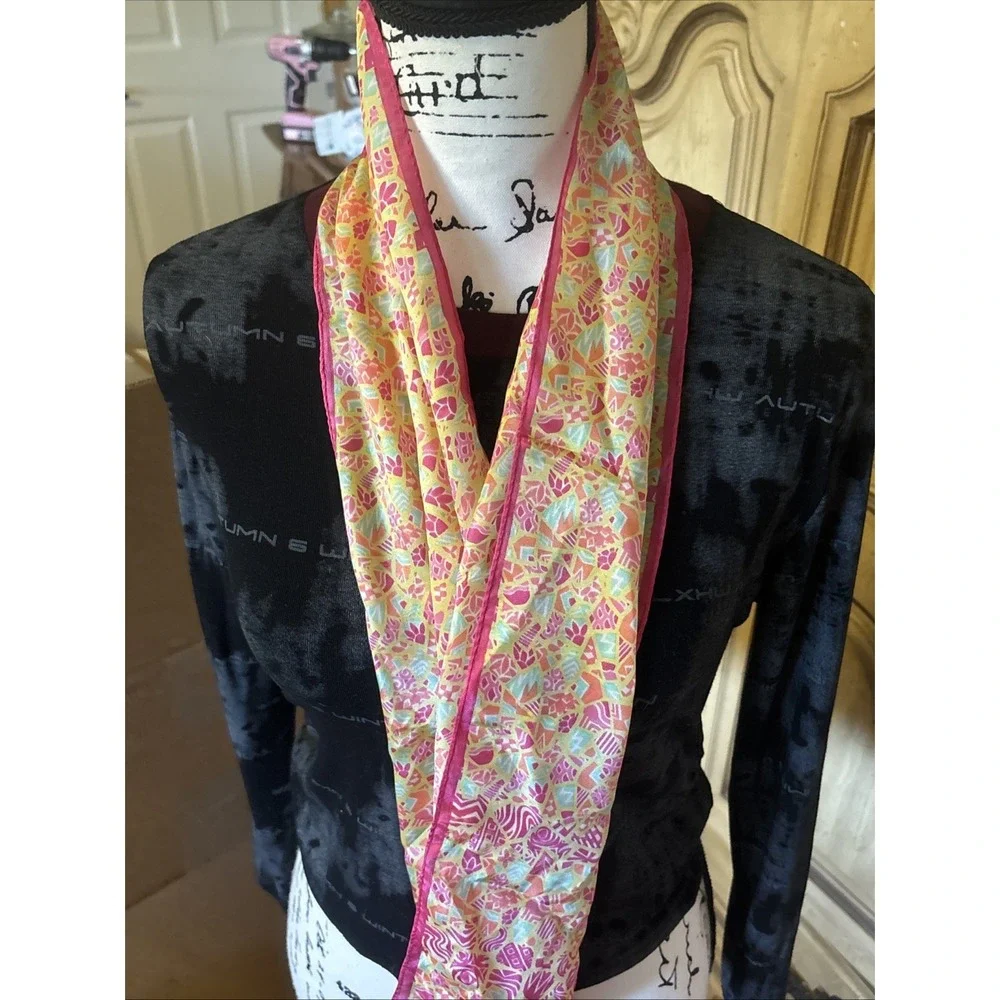 ACUTE Vintage Bright Pink Orange Multi Print Silk Rectangle Scarf